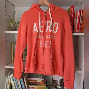 Aeropostale Y2K Women's Hoodie Coral Red Full Zip-Up Size Large Early 2000's